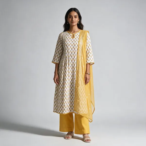 White_Yellow_Cotton_Floral_Printed_Kurta_Set_With_Dupatta_For_Women