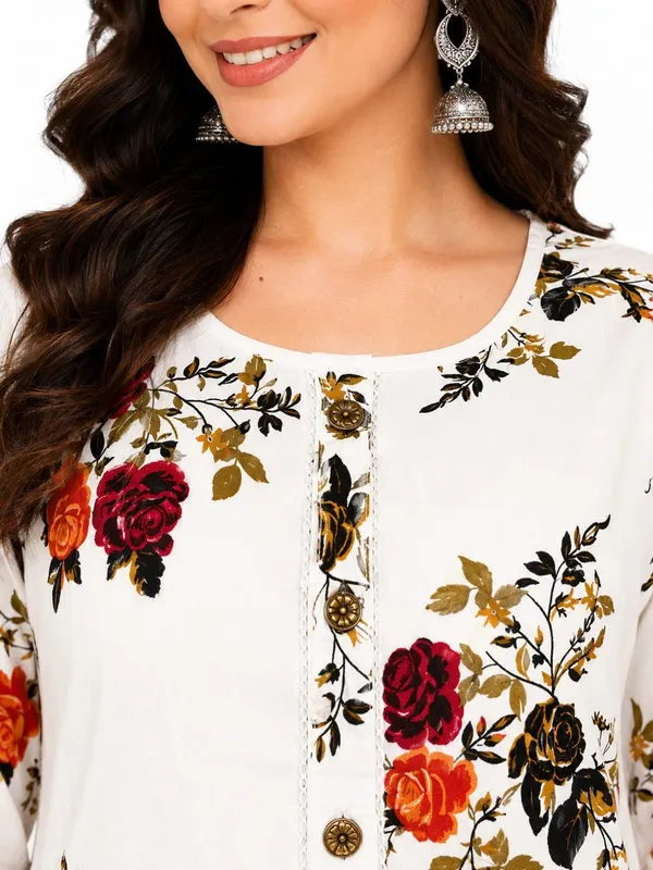 Womens_Floral_Print_Straight_Kurta_White_With_Blue_Rose_Design_Cotton_Linen_Round_Neck_3_4_Sleeve