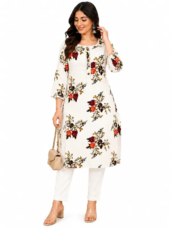 Womens_Floral_Print_Straight_Kurta_White_With_Blue_Rose_Design_Cotton_Linen_Round_Neck_3_4_Sleeve