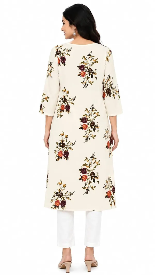 Womens_Floral_Print_Straight_Kurta_White_With_Blue_Rose_Design_Cotton_Linen_Round_Neck_3_4_Sleeve