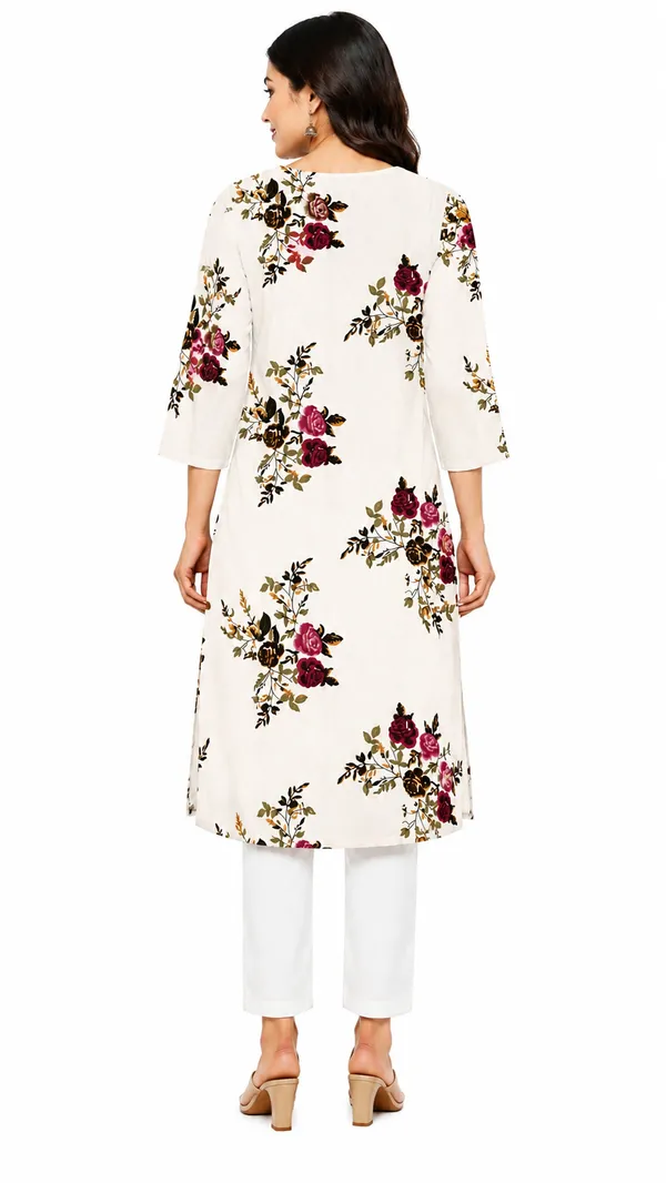 Womens_Floral_Print_Straight_Kurta_With_Rose_Design_Cotton_Round_Neck_3_4_Sleeve