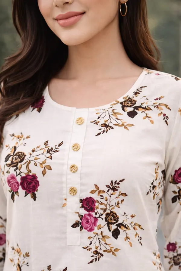 Womens_Floral_Print_Straight_Kurta_With_Rose_Design_Cotton_Round_Neck_3_4_Sleeve