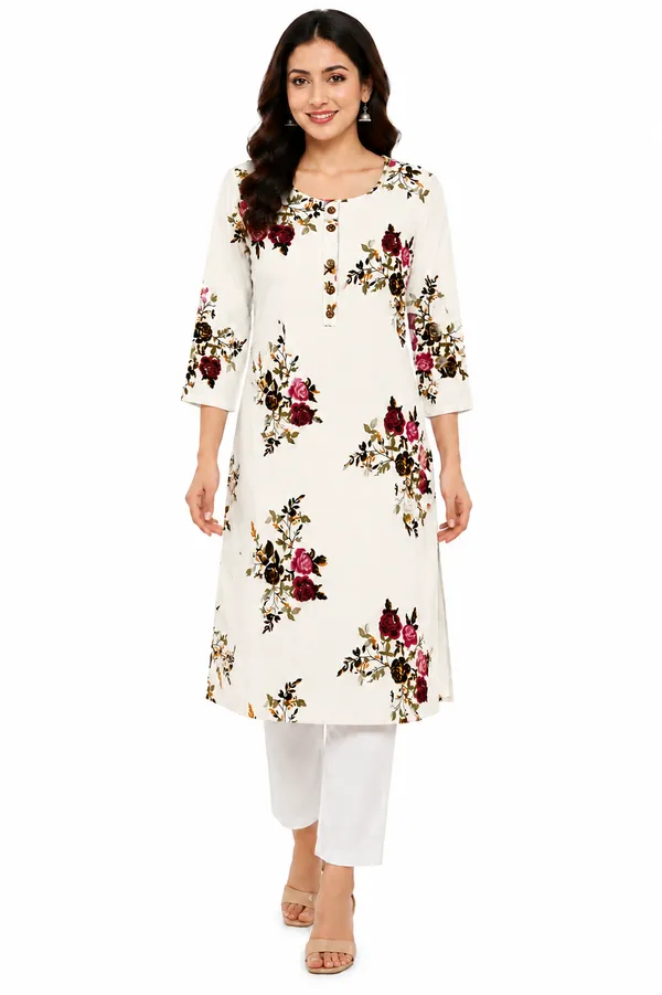 Womens_Floral_Print_Straight_Kurta_With_Rose_Design_Cotton_Round_Neck_3_4_Sleeve