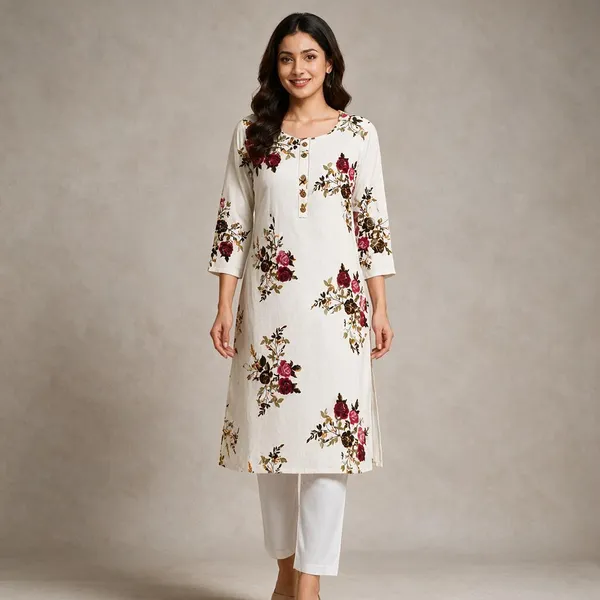 Womens_Floral_Print_Straight_Kurta_With_Rose_Design_Cotton_Round_Neck_3_4_Sleeve