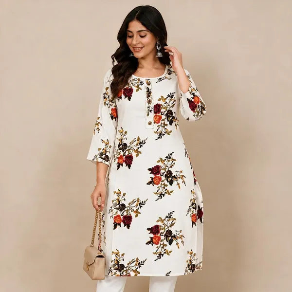 Womens_Floral_Print_Straight_Kurta_White_With_Blue_Rose_Design_Cotton_Linen_Round_Neck_3_4_Sleeve