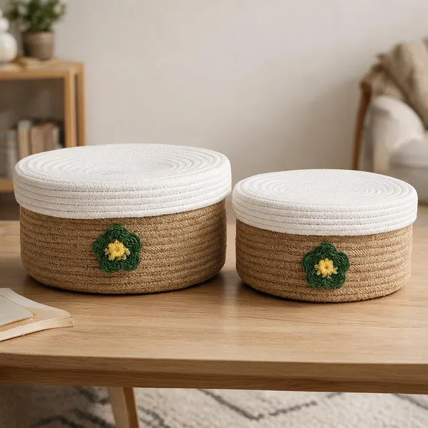 White_&_Beige_Jute_Cotton_Storage_Basket_For_Home_Organization