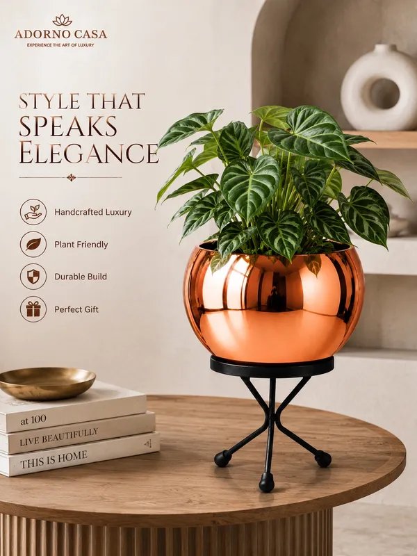 Luna_Copper_Finish_Metal_Pot_Paired_with_a_Sturdy_Black_Iron_Stand