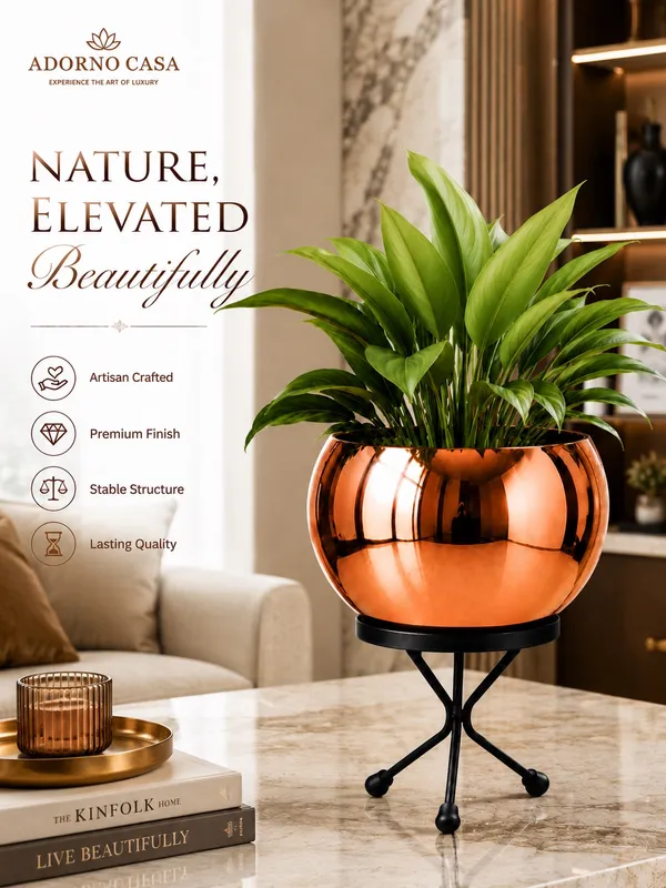 Luna_Copper_Finish_Metal_Pot_Paired_with_a_Sturdy_Black_Iron_Stand