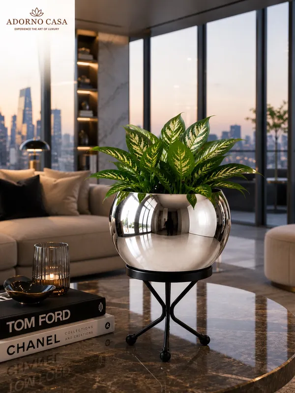 Luna_Silver_Finish_Metal_Pot_Paired_with_a_Sturdy_Black_Iron_Stand