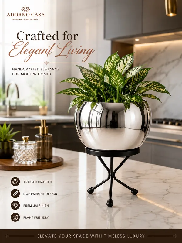 Luna_Silver_Finish_Metal_Pot_Paired_with_a_Sturdy_Black_Iron_Stand