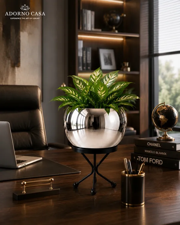 Luna_Silver_Finish_Metal_Pot_Paired_with_a_Sturdy_Black_Iron_Stand