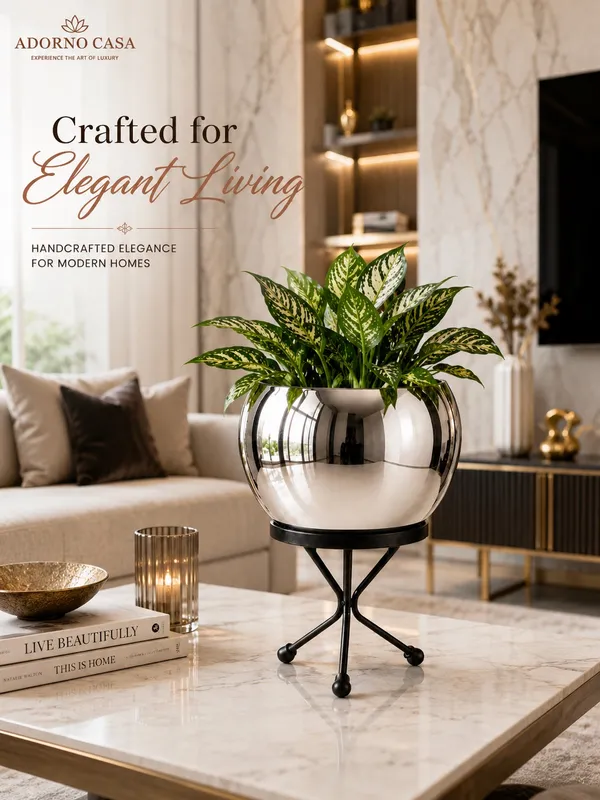 Luna_Silver_Finish_Metal_Pot_Paired_with_a_Sturdy_Black_Iron_Stand