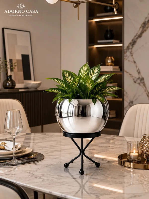 Luna_Silver_Finish_Metal_Pot_Paired_with_a_Sturdy_Black_Iron_Stand