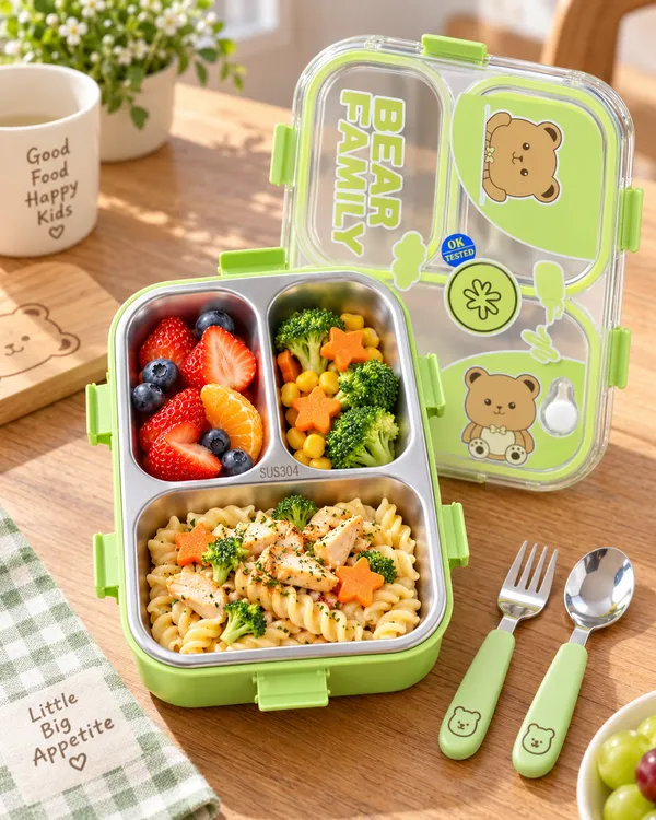Green_Stainless_Steel_3_Compartment_Lunch_Box_With_Spoon_And_Fork