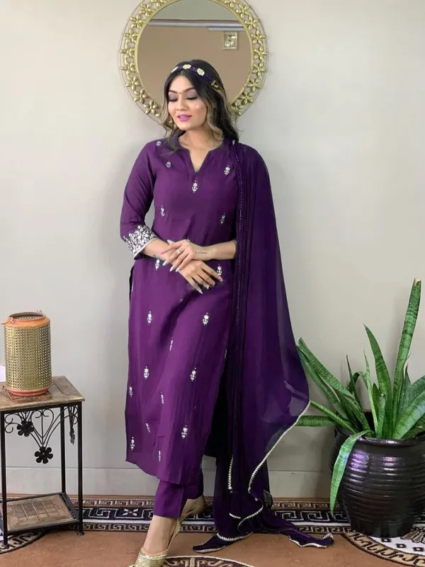 Wine_Georgette_Embroidered_Kurti_Pant_Dupatta_Set_For_Women