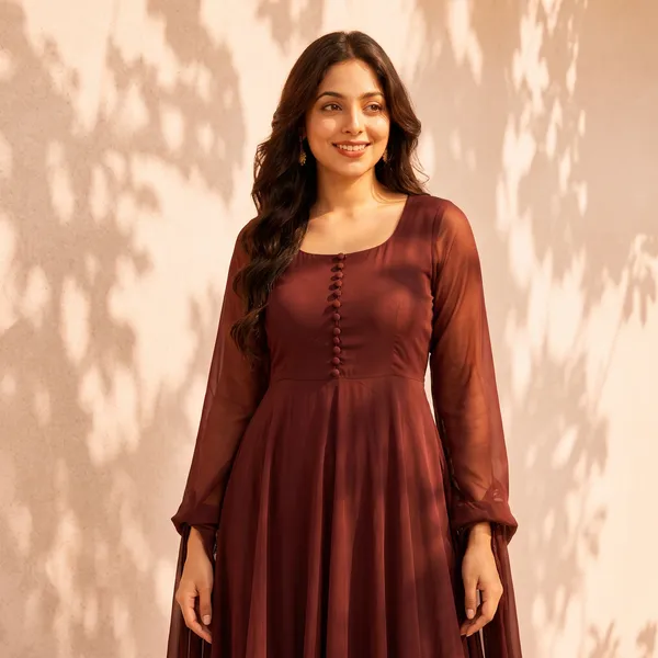 Brown_Georgette_Sheer_Sleeve_Flowy_Maxi_Gown_For_Women