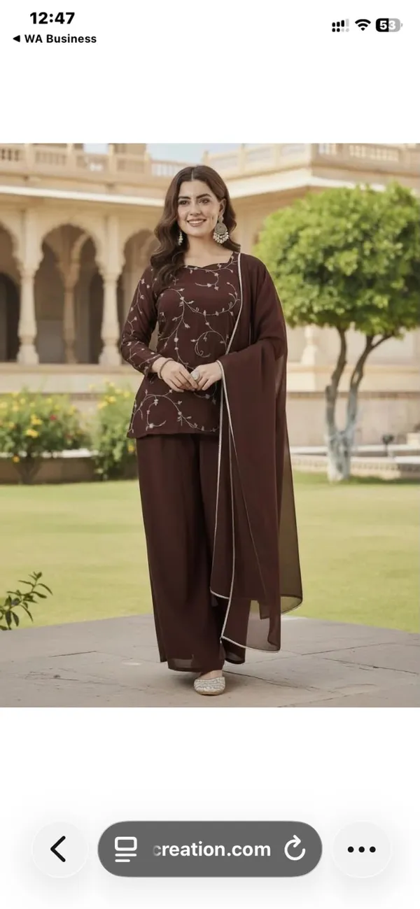 Brown_Georgette_Zari_Embroidered_Kurti_Palazzo_Dupatta_Set_For_Women