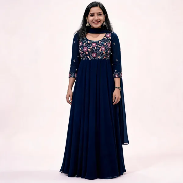 Blue_Georgette_Thread_Embroidered_Flared_Gown_With_Dupatta_For_Women
