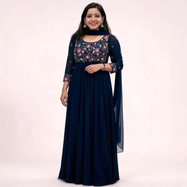Blue_Georgette_Thread_Embroidered_Flared_Gown_With_Dupatta_For_Women