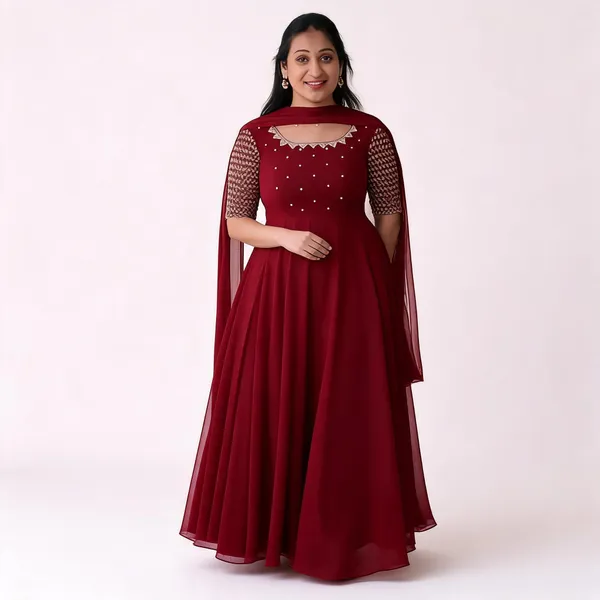 Maroon_Georgette_Embroidered_Flared_Gown_With_Dupatta_For_Women