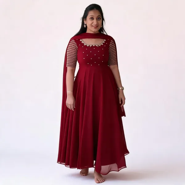 Maroon_Georgette_Embroidered_Flared_Gown_With_Dupatta_For_Women
