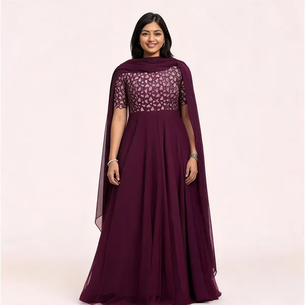 Wine_Georgette_Thread_Embroidered_Gown_With_Dupatta_For_Women