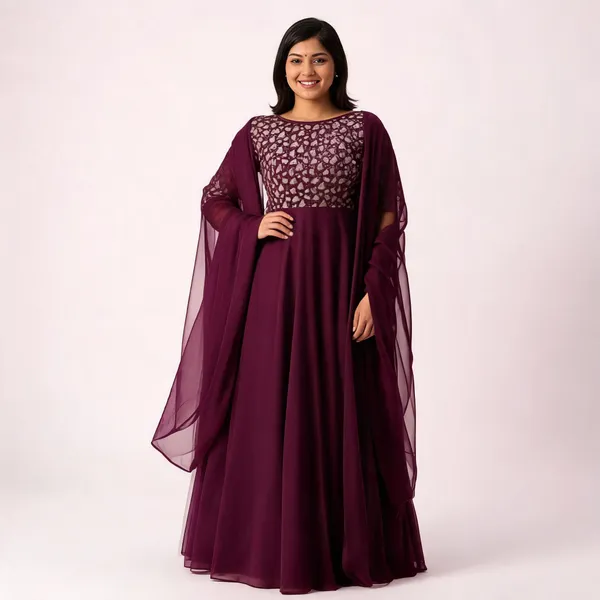 Wine_Georgette_Thread_Embroidered_Gown_With_Dupatta_For_Women