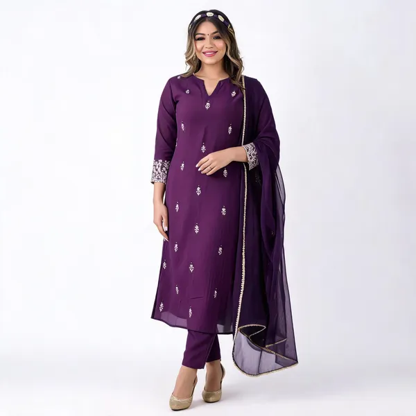 Wine_Georgette_Embroidered_Kurti_Pant_Dupatta_Set_For_Women
