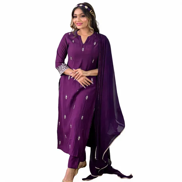 Wine_Georgette_Embroidered_Kurti_Pant_Dupatta_Set_For_Women