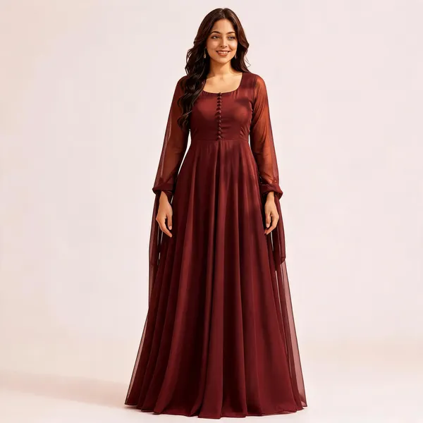 Brown_Georgette_Sheer_Sleeve_Flowy_Maxi_Gown_For_Women