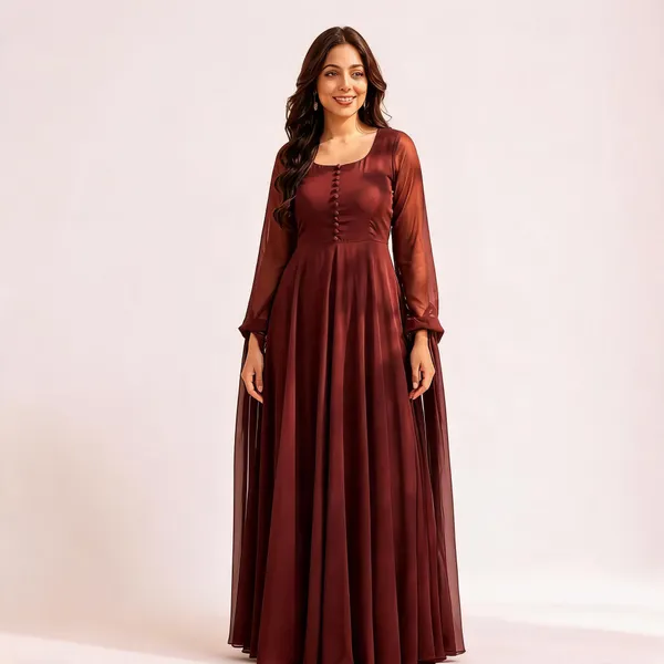 Brown_Georgette_Sheer_Sleeve_Flowy_Maxi_Gown_For_Women