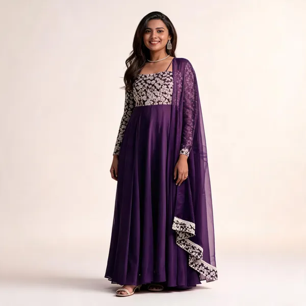 Purple_Georgette_Flared_Gown_With_Dupatta_For_Women