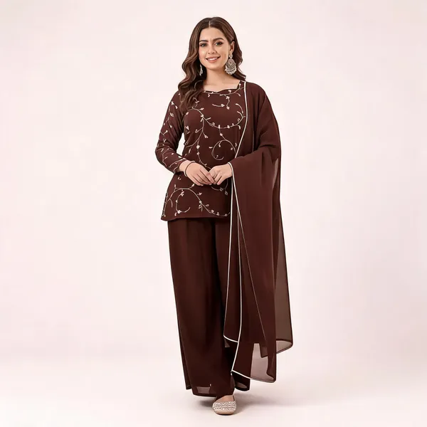 Brown_Georgette_Zari_Embroidered_Kurti_Palazzo_Dupatta_Set_For_Women