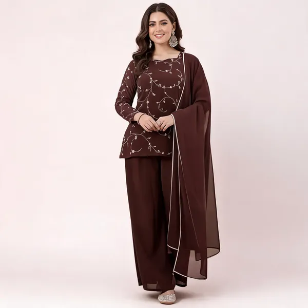 Brown_Georgette_Zari_Embroidered_Kurti_Palazzo_Dupatta_Set_For_Women