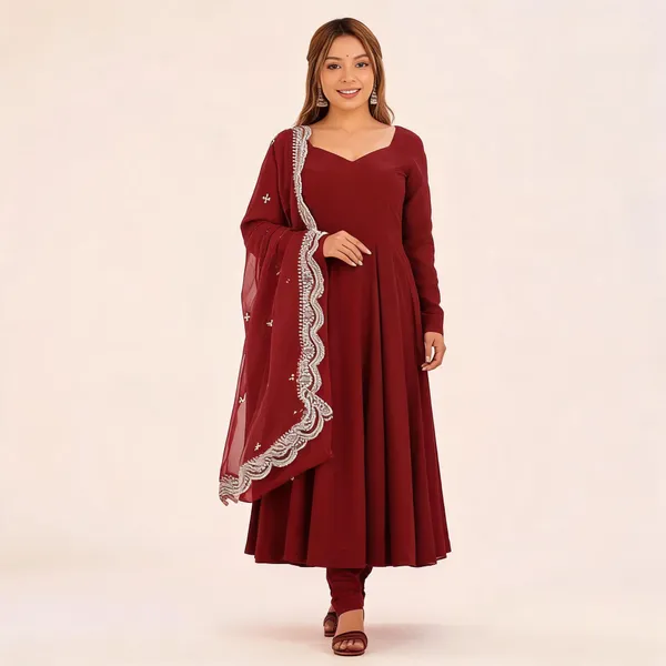 Maroon_Georgette_Flared_Anarkali_Gown_With_Dupatta_For_Women