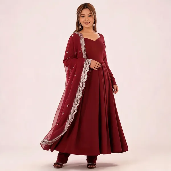 Maroon_Georgette_Flared_Anarkali_Gown_With_Dupatta_For_Women