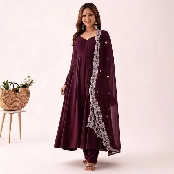 Purple_Georgette_Flared_Gown_With_Embroidered_Dupatta_For_Women