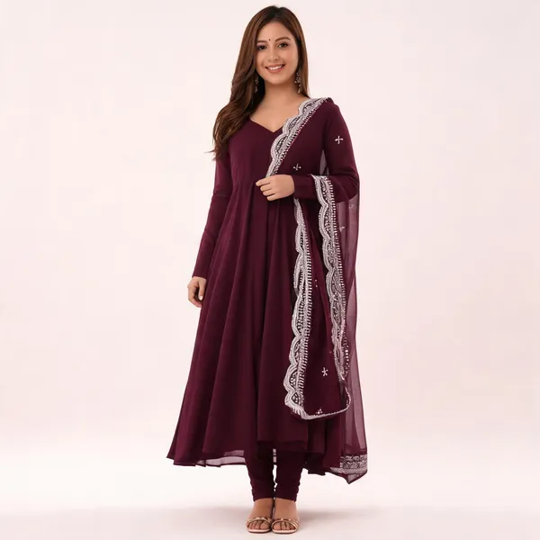 Purple_Georgette_Flared_Gown_With_Embroidered_Dupatta_For_Women