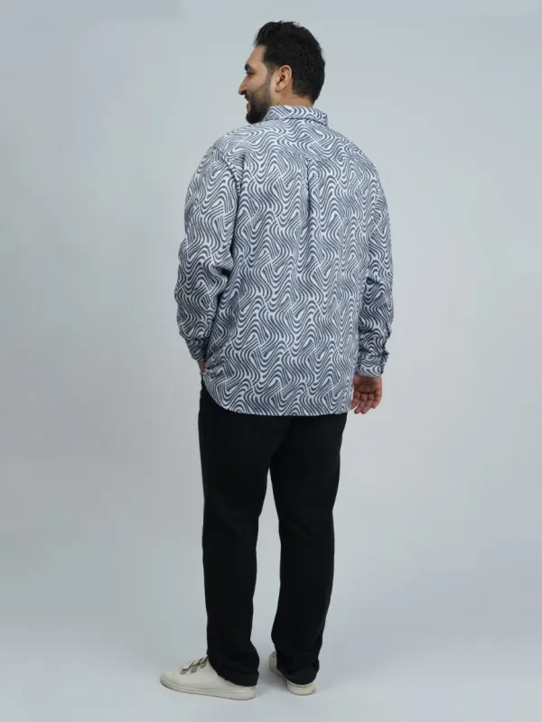 Grey_&amp;_White_Wave-Pattern_Premium_Printed_Plus-Size_Shirt