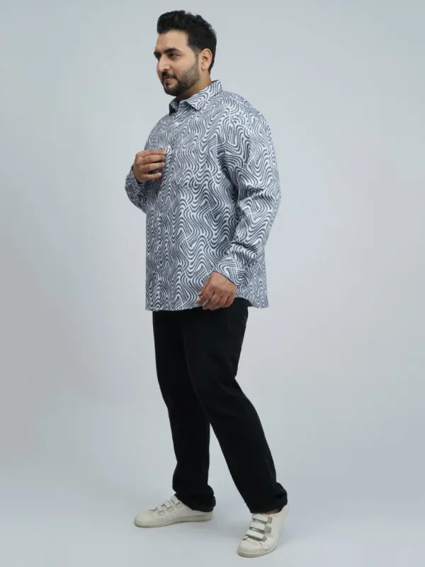 Grey_&amp;_White_Wave-Pattern_Premium_Printed_Plus-Size_Shirt