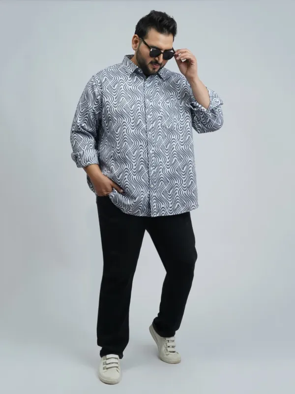 Grey_&amp;_White_Wave-Pattern_Premium_Printed_Plus-Size_Shirt