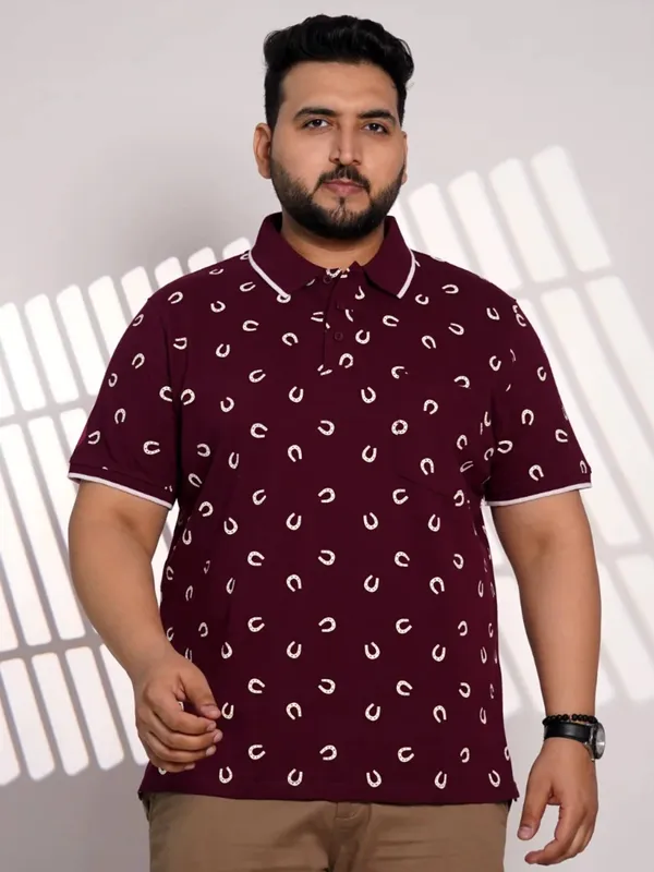 Plus_Size_Maroon_Printed_Polo_T_Shirt_For_Men