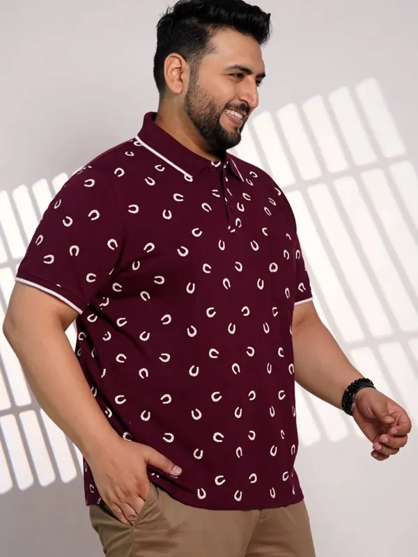 Plus_Size_Maroon_Printed_Polo_T_Shirt_For_Men