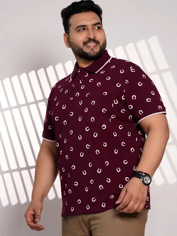 Plus_Size_Maroon_Printed_Polo_T_Shirt_For_Men