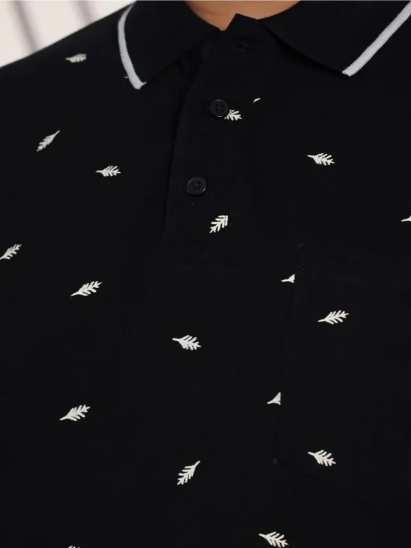 Plus_Size_Black_Leaf_Print_Polo_T_Shirt_For_Men