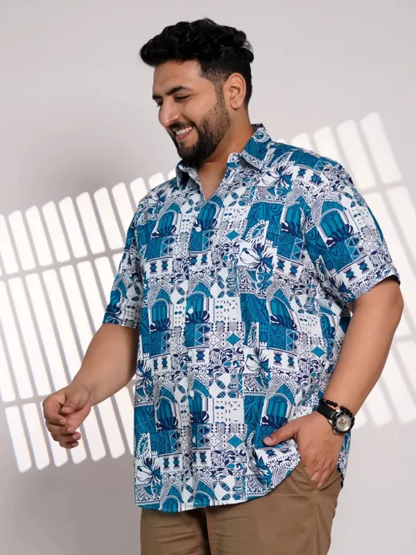 Plus_Size_Blue_Printed_Casual_Shirt_For_Men