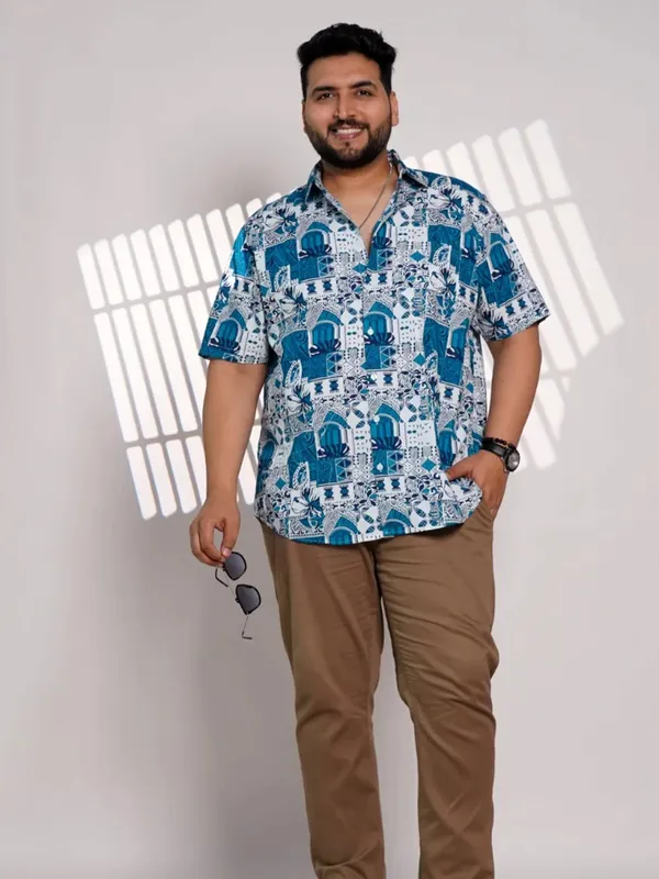 Plus_Size_Blue_Printed_Casual_Shirt_For_Men