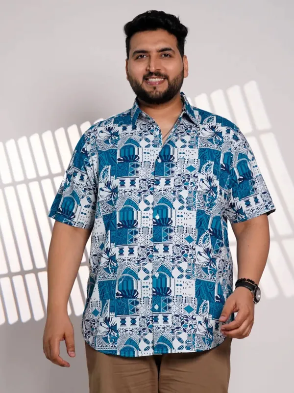 Plus_Size_Blue_Printed_Casual_Shirt_For_Men