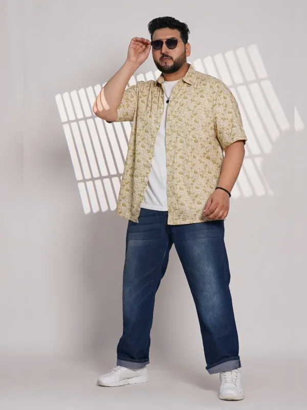 Plus_Size_Beige_Floral_Printed_Casual_Shirt_For_Men