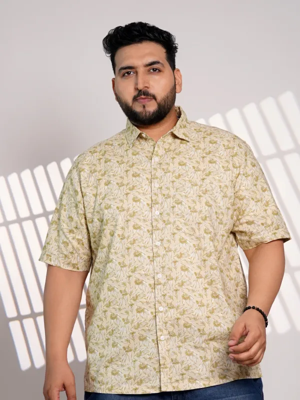 Plus_Size_Beige_Floral_Printed_Casual_Shirt_For_Men